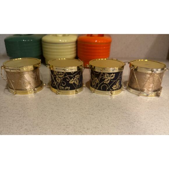Vintage christmas ornaments set of 4 drums gold, beige, and black - Picture 1 of 7